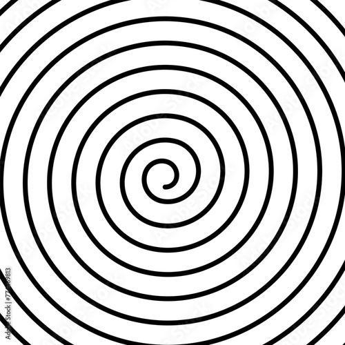 Thin spiral line background. Snail shell texture. Swirl, tornado or vortex pattern. Black and white wallpaper with hypnotic vertigo effect. Dynamic spin ornament. Vector graphic illustration.