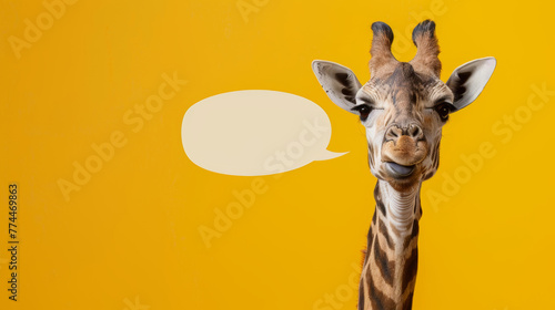 Kommunikative Giraffe: Eine neugierige Giraffe auf gelbem Hintergrund blickt direkt in die Kamera, neben ihrem Kopf befindet sich eine leere Sprechblase.