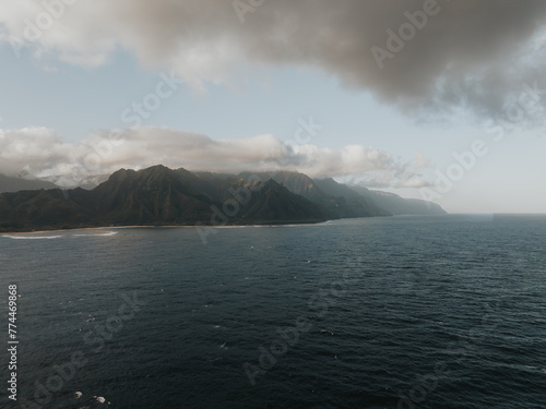 Hawaii coastline from above with mountains