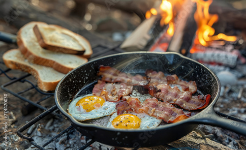 Campfire Breakfast Cooking Bacon and Eggs in Cast Iron Pan Outdoors