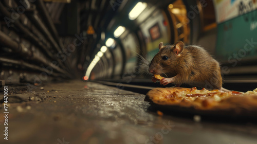 Untergrund-Schmaus: Eine Ratte ergattert sich ein Stück Pizza im U-Bahn-Schacht. photo