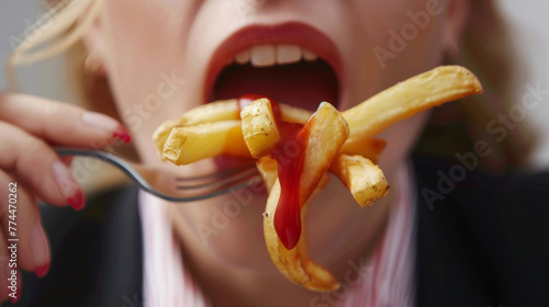 Schnelle Genüsse im Berufsleben: Pommes Frites als schneller Snack für die gestresste Arbeitswelt. Eine Geschäftsfrau isst Pommes mit Ketchup mit einer Gabel.