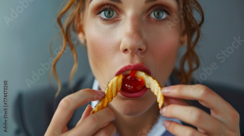 Stress-Snacking: Eine geschäftige Berufstätige stillt ihren Heißhunger mit Pommes Frites. photo