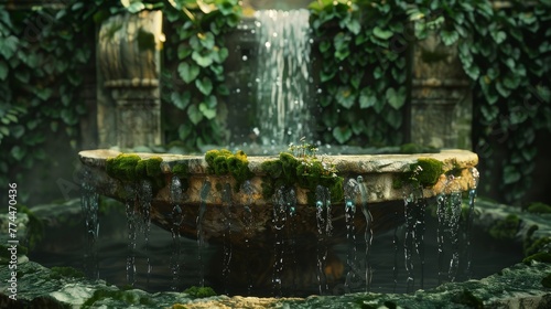 A mystical fountain texture, with ancient stone covered in moss and ivy, and water that flows with the promise of eternal life created with Generative AI Technology