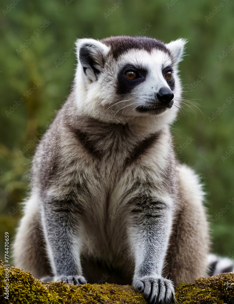 Fototapeta premium The ring-tailed lemur (Lemur catta) is a medium-sized strepsirrhine primate, and the most internationally-recognized lemur species, owing to its long, black-and-white, ringed tai