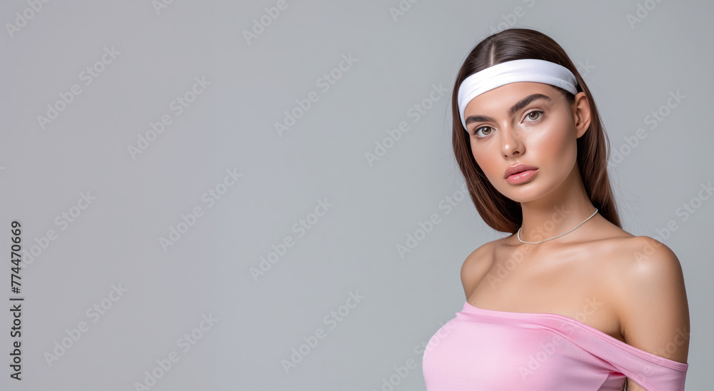A fashionable woman is wearing a pink shirt and a white headband. The young lady posing for a glamour portrait. A fashionable woman is wearing a pink shirt and a white headband. The young lady posing for a glamour portrait.