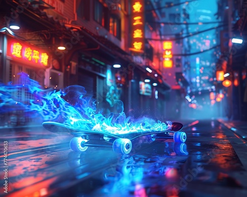 A jetpowered skateboard zips through alleyways, leaving a neon blue flame in its wake , cyberpunk, soft shadowns photo
