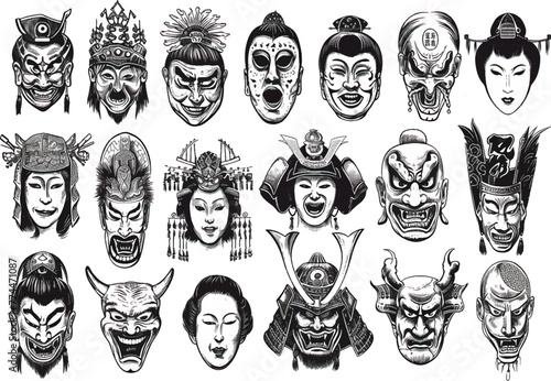 A drawing of samurai helmet mask in black and white hand drawn. Tattoo idea for a japanese theme illustration.