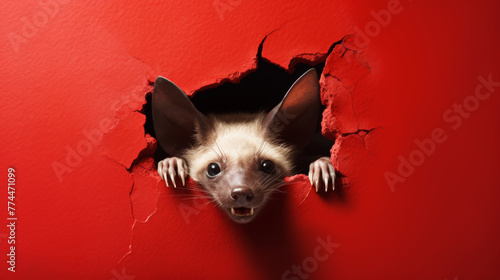 Eine freche Fledermaus schaut durch ein Loch in einer roten Wand.