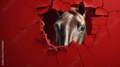 Versteckter Beobachter: Ein schüchternes Pferd schaut durch ein loch einer roten Wand.