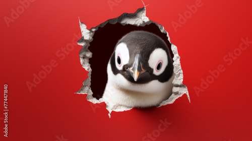 Blick aus der Antarktis: Ein süßer Pinguin schaut durch ein Loch in einer roten Wand.