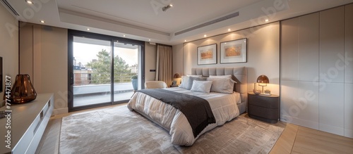 Upscale Modern Bedroom in Luxury City Apartment with Sleek Finishes and Designer Furniture