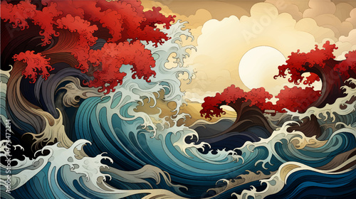 Abstract waves landscape with japanese style art illustration