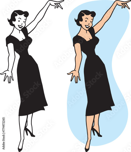 A vintage retro cartoon of an attractive woman in a dress pointing at something interesting. 
