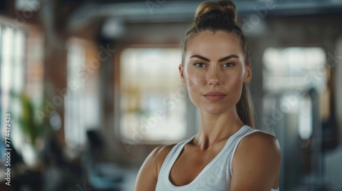 Zielstrebigkeit und Stil: Porträt einer blonden Frau in einem Fitnessstudio. photo