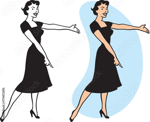 A vintage retro cartoon of an attractive woman in a dress pointing at something interesting. 