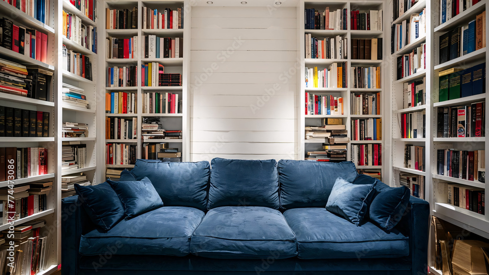 A living room with a blue couch and a white wall. The couch is surrounded by a large number of books on shelves A living room with a blue couch and a white wall. The couch is surrounded by a large number of books on shelves