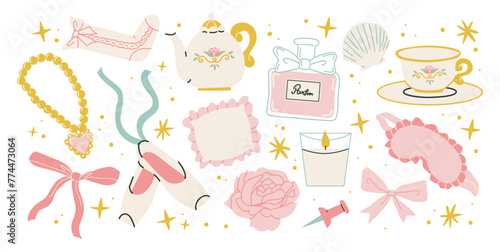 Cartoon girl pink stickers coquette, cute ballet aesthetics in the style of the 90s. Lolita style set with pink bows, pointe shoes, vervese and girly doodle shapes