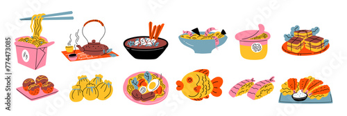 Asian cuisine cartoon set of stickers in retro 90s style. Food, dishes, ramen, noodles, sushi, traditional dishes. Japanese cafe bar restaurant. Vector shapes of national East Asian Japanese and China