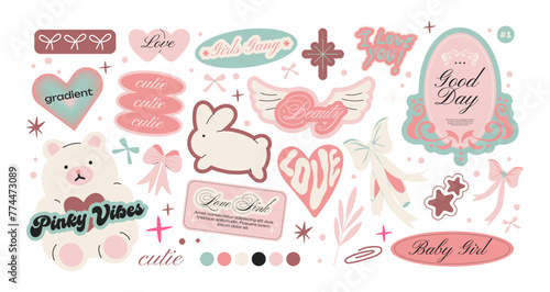Futuristic cute pink y2k patches, labels, tags, stickers, stamps in retro 90s coquette style. Hearts, bears, bunnies, stars. Stickers in funky hipster grunge 90s style. Vector set, trendy promo labels