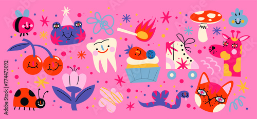 Cartoon doodle groovy stickers set. 90s cute design.fruits, animals, tooth, plants. Retro hippie acid set. Trendy patches, labels, tags, stickers, stamps