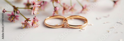 two golden wedding rings and flowers  on white background. banner