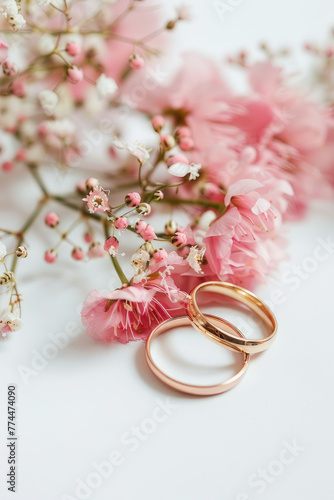 two golden wedding rings and flowers on white background