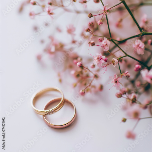 two golden wedding rings and flowers  on white background