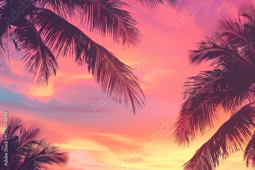 A vibrant pink and orange sunset sky with the silhouette of an exotic palm tree  creating a tropical scene for travel advertising or vacation Generative AI