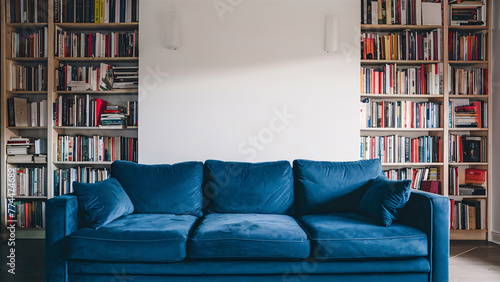 A living room with a blue couch and a white wall. The couch is surrounded by a large number of books on shelves