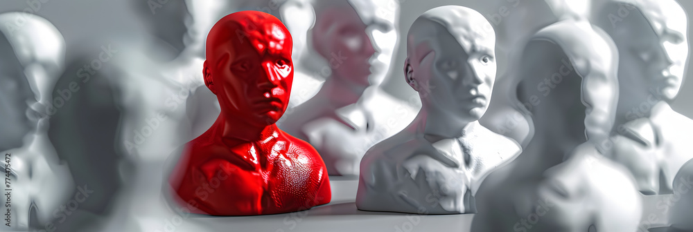 The unique red figurine stands out from the crowd of white, symbolizing ambition, success, and the confidence to rise above competition and shine as a leader and winner - obrazy, fototapety, plakaty 