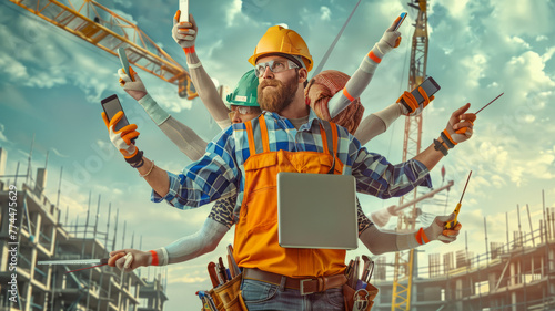 construction worker with many human arms, busy with holding too many things, phone, tablet, bluebrints, construction tools generative ai