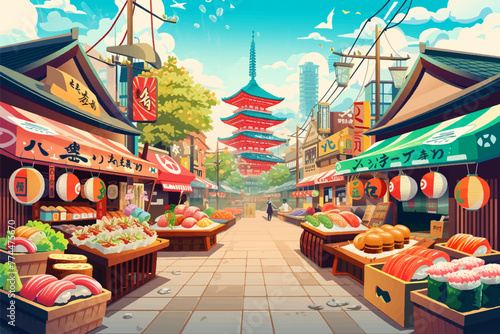 Flat design japanese market digital art illustration background photo