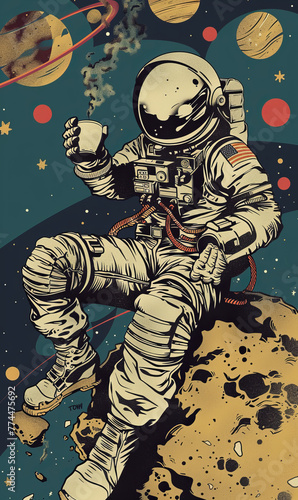 comic book style drawing of an astronaut in full suit, sitting on rock on alien planet, holding a steaming hot cup of coffee,generative ai © JKLoma