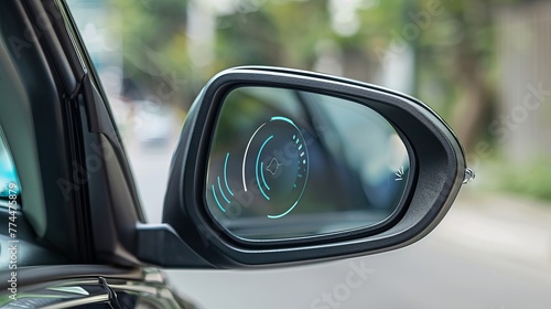 A blind zone monitoring sensor on a car's side mirror is detailed, illustrating the technology for detecting objects in the vehicle's blind spots photo