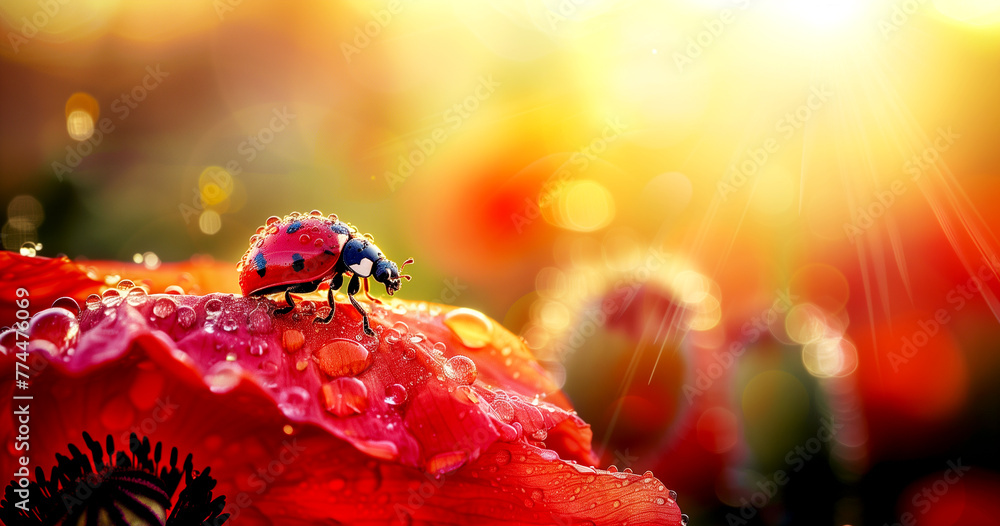 A ladybug perches on a poppy flower with dew drops. - obrazy, fototapety, plakaty 