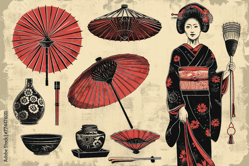 Minimalist and traditional Japanese decorative element seasonal illustration set collection