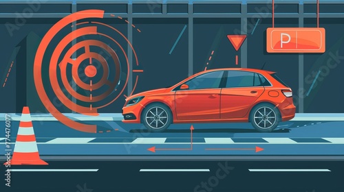 A flat vector infographic explains the parktronic system of a car, showing the vehicle's position relative to a warning cone and the electronic signals photo