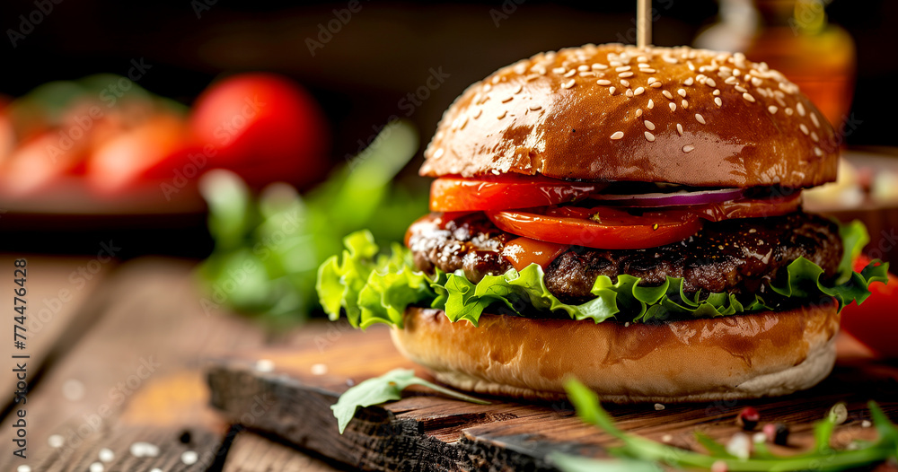 Hamburger on a Wooden Background - obrazy, fototapety, plakaty 