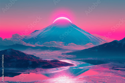 Beautiful lake and fuji mountain with pink and blue tones sunset background