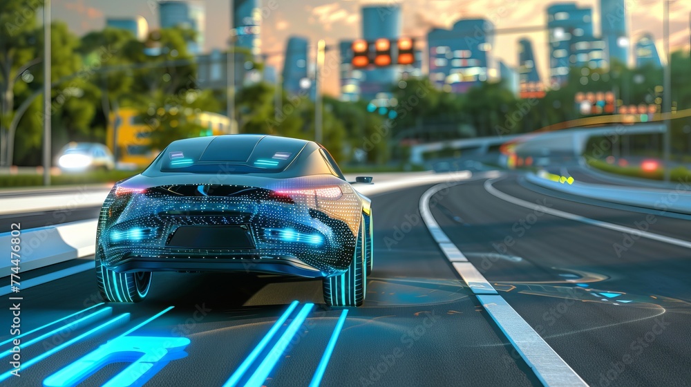 An autonomous car is depicted on the road, equipped with sensing ...