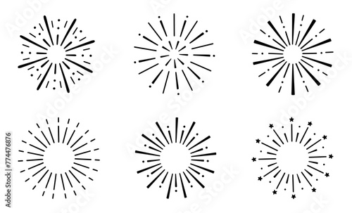 Fireworks  star burst doodle set.  Festive fireckrackers  sunburst explosion  Sparkles in sketch style. Hand drawn vector illustration isolated on white background