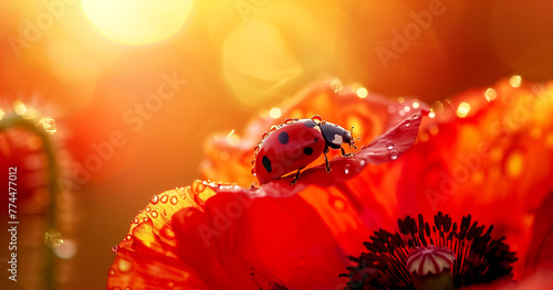 A ladybug perches on a poppy flower with dew drops.