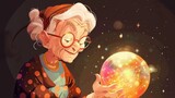 old woman with red hair. fortune teller, witch, fortune teller. Magic magic ball. illustration
