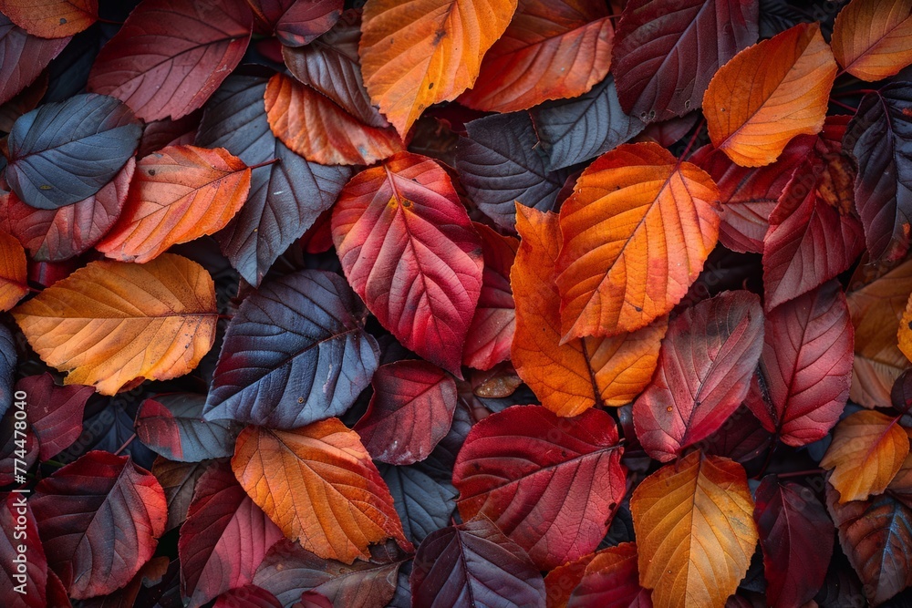 A variety of vibrant leaves scattered on the ground, creating a colorful carpet in a natural setting