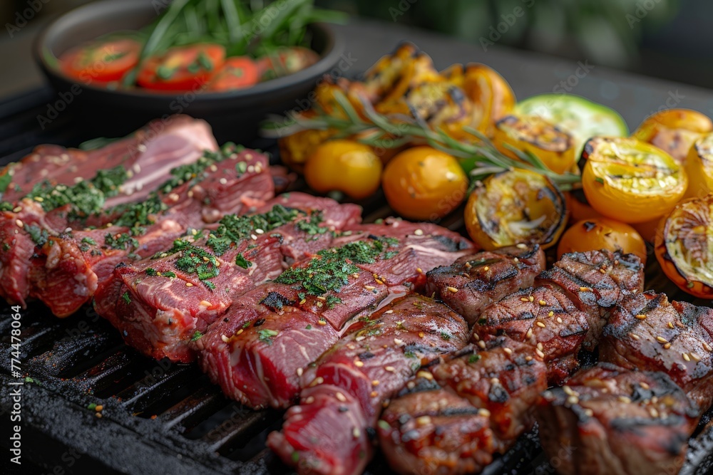 Steaks, tomatoes, and assorted vegetables sizzle on a hot grill, cooking to perfection