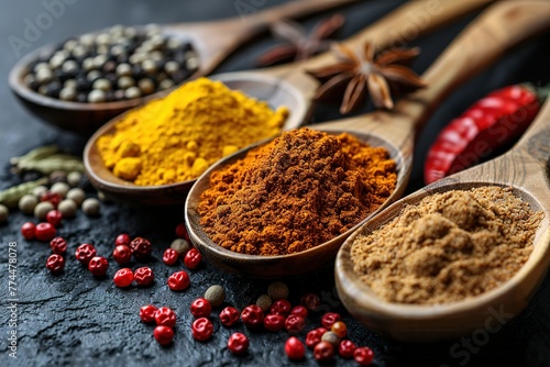 A closeup of various spices in wooden spoons, including turmeric powder and star anise on the right side of the frame against a dark background.