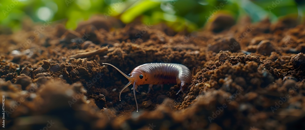 A compost worm crawls through bio humus breaking down organic matter into nutrientrich soil. Concept Organic Gardening, Composting, Soil Health, Worm Composting, Organic Fertilizer - obrazy, fototapety, plakaty 