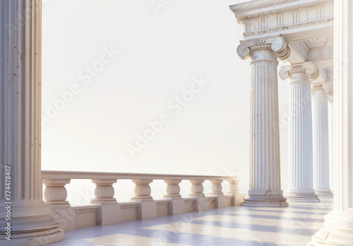 Sunlit classic white balustrade and columns, ideal for luxury and historical themes. Copy space