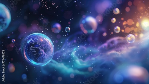 Wallpaper Mural Abstract digital artwork of glowing orbs and particles with a prominent sphere resembling planet in cosmic setting Torontodigital.ca